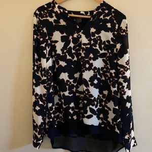 Navy blouse with off white and orange accents